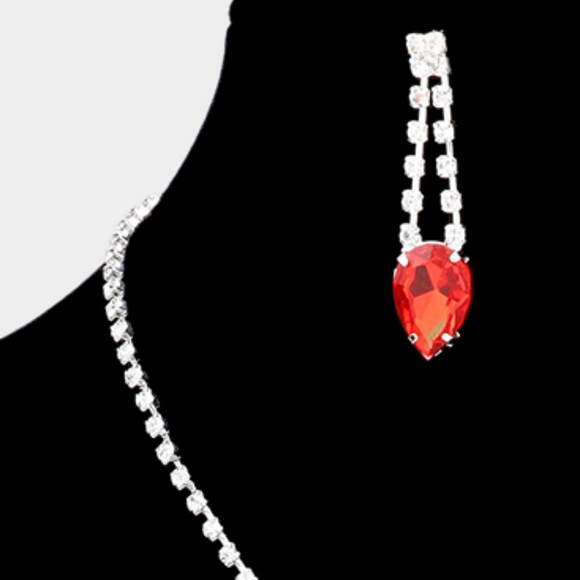 Red Silver Droplet Fringe Rhinestone Crystal Necklace Jewelry Formal Black Tie - Picture 5 of 8